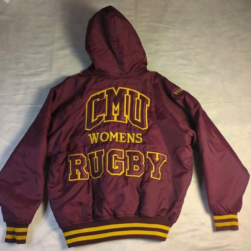Vintage Carnegie Melon CMU Rebels Women's Rugby Jacket Maroon Satin Bomber USA